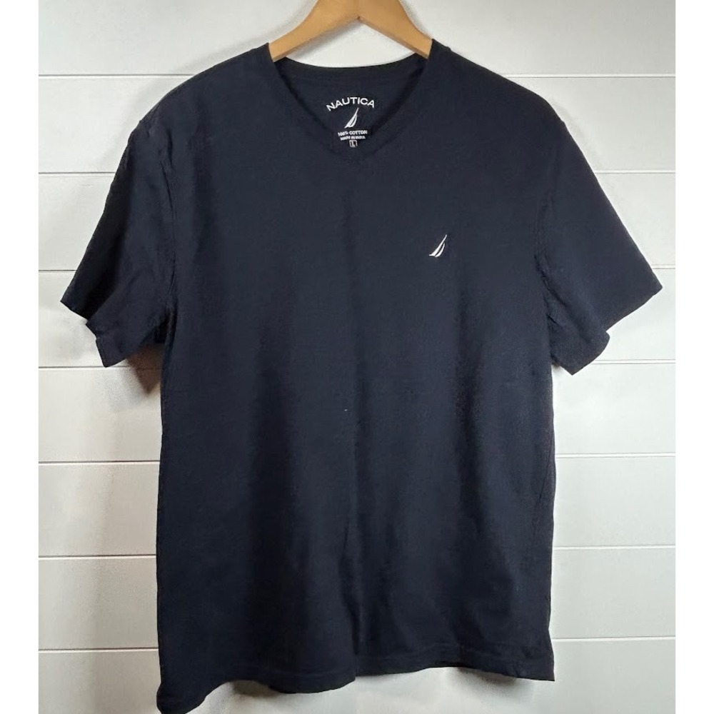 Nautica Mens Large V Neck T-Shirt Solid Blue Casual Short Sleeve Top